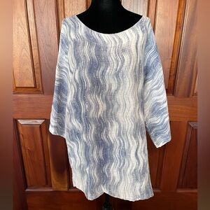 Luca Vanucci Linen Blue White WAVES Abstract Blouse XL Oversized Made In Italy